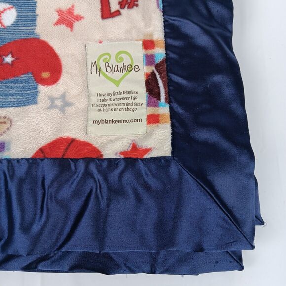 My Blankee Blue Satin Trim Sports Theme Baby Security Blanket Lovey Toddler - Picture 2 of 10